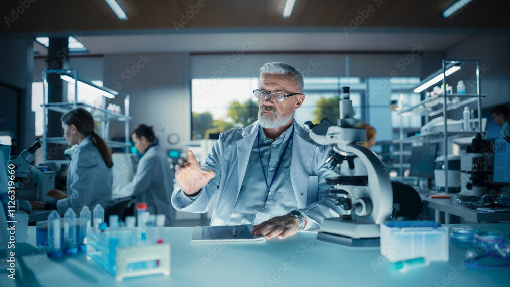 Poster portrait of a middle aged scientist working in a laboratory, looking at a petri dish, writing down r