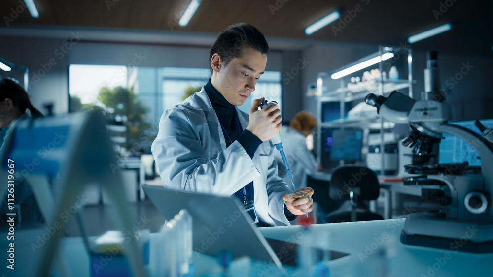 Poster Biology Research Scientist Applying a Molecular Sample with a Micro Pipette and Researching Under a Microscope in a Science Laboratory. Young Lab Engineer in White Coat Working on Vaccine Products