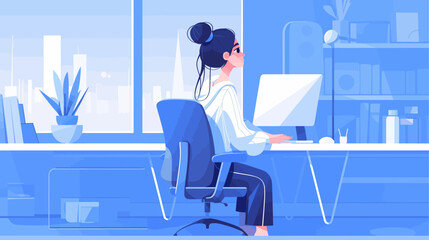 Fototapeta premium Woman is sitting at a desk with a computer monitor. She is wearing a white shirt and blue pants