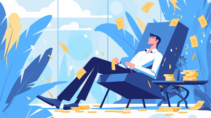 Fototapeta premium Man is sitting in a chair with a pile of money in front of him. He is surrounded by coins and bills