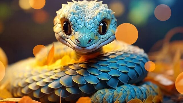 video 3d cartoon colorful blue snake on blurred background, symbol of 2025, chinese calendar, wild animal, reptile, serpentine