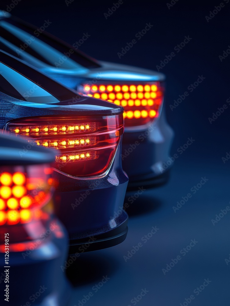 Poster A variety of LED car headlights and tail lights are arranged in a neat lineup against a dark background, leaving ample room for additional text. Generative AI