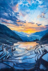 The sun sets, under the blue sky, there are rice terraces in the valley