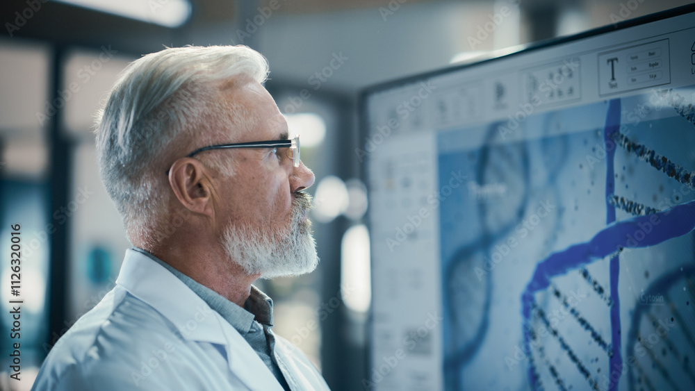 Poster senior doctor in glasses examining a scientific experiment report on a big screen. phd professor loo