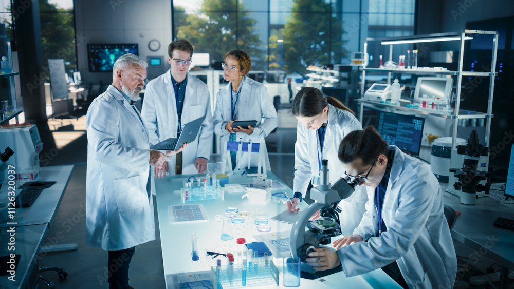 Poster Head of Laboratory Making a Bioengineering Experiment with a Group of Young Science College Students. Future Specialists Working with Modern Microscopes, Using Tablet and Laptop Computers