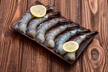 Raw big tiger ( king ) shrimps Cleaned, Peeled & Deveined photography . Top view