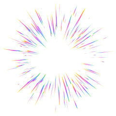 Light burst with rainbow prism effect. Halo flare sparkles of crystal on white background. Vector radial holographic color explosion. Comic speed lines glare beams with sparks and neon reflection.