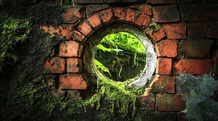 The weathered red brick wall, overgrown with moss, fractures as light spills through a radiant white hole, highlighting the contrasting textures.