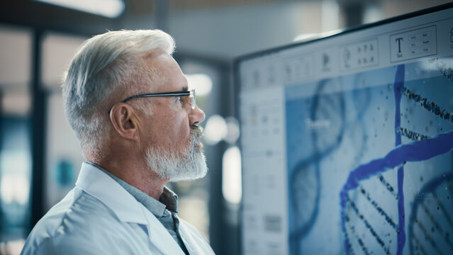 Senior Doctor in Glasses Examining a Scientific Experiment Report on a Big Screen. PhD Professor Looking at the Screen, Analyzing Provided Data and Technical Information. Biochemistry Concept