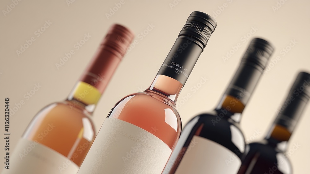 Poster trio of red, white, and ros wine bottles in a diagonal line, with a focus on their labels, set again