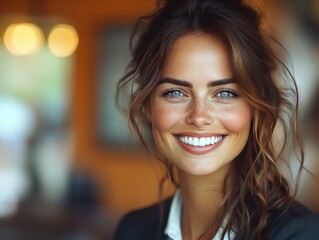 Obraz premium A woman in a suit is smiling for the camera