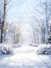 Winter wonderland watercolor artwork of a snowy street scene serene neighborhood seasonal landscape dreamy atmosphere