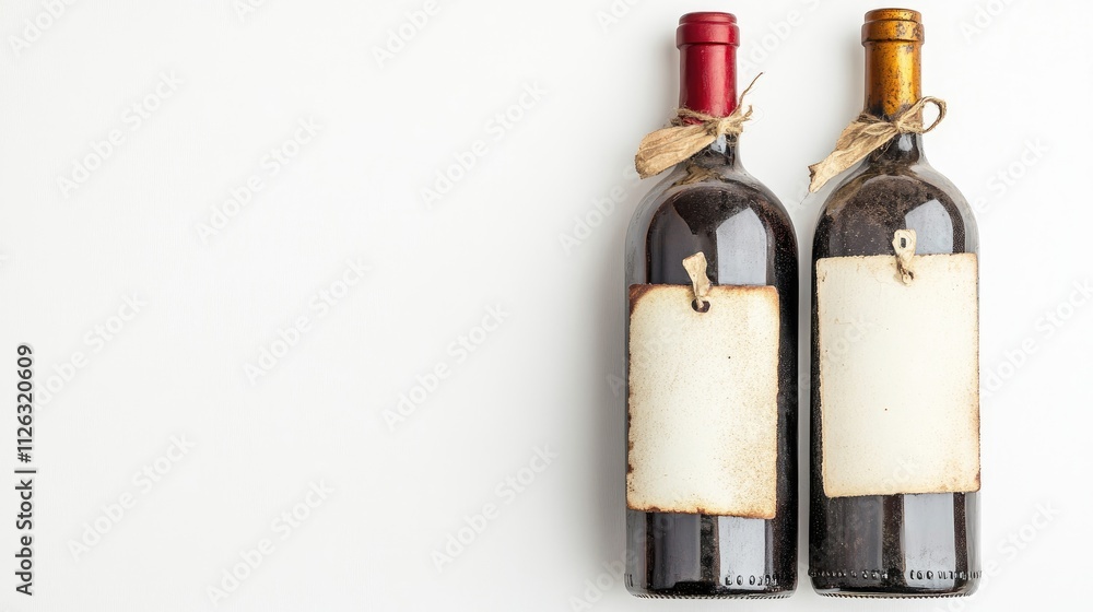 Poster Two elegant wine bottles, red and white, placed artfully on a white backdrop with empty labels, ready for customization and design.