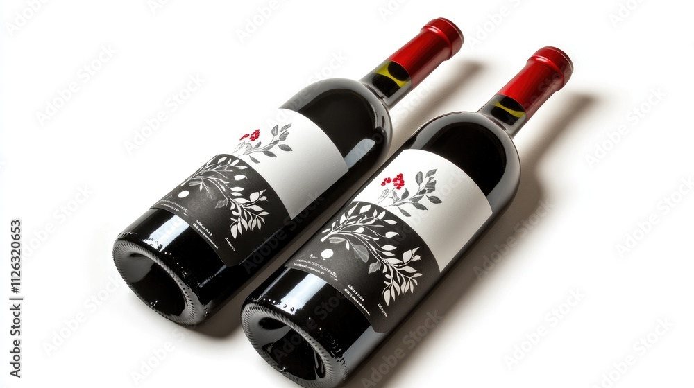 Poster Two elegant wine bottles, red and white, placed artfully on a white backdrop with empty labels, ready for customization and design.