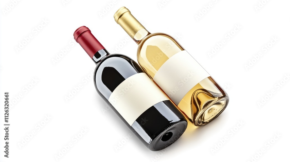 Poster Two elegant wine bottles, red and white, placed artfully on a white backdrop with empty labels, ready for customization and design.