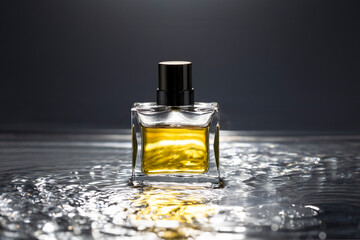 A sleek glass bottle of golden liquid, dramatic dark background with rippling water reflections. 