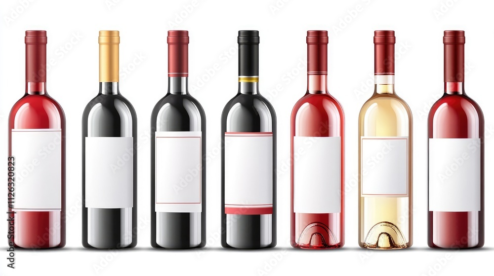 Poster Various red and white wine bottles with blank labels, positioned on a clean white background, perfect for designing custom labels and advertisements.