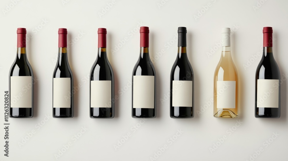 Poster Various red and white wine bottles with blank labels, positioned on a clean white background, perfect for designing custom labels and advertisements.
