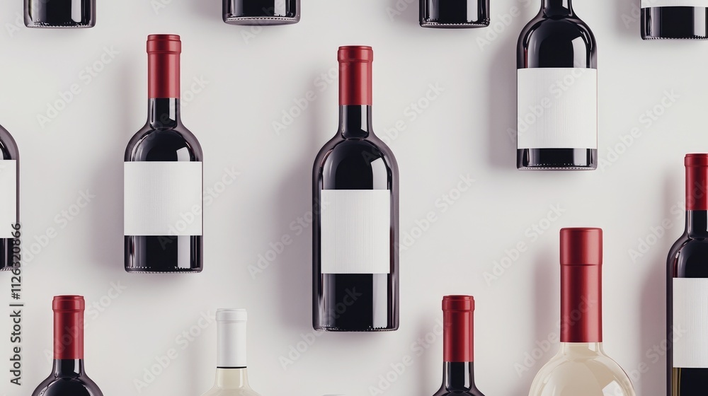 Poster Various red and white wine bottles with blank labels, positioned on a clean white background, perfect for designing custom labels and advertisements.