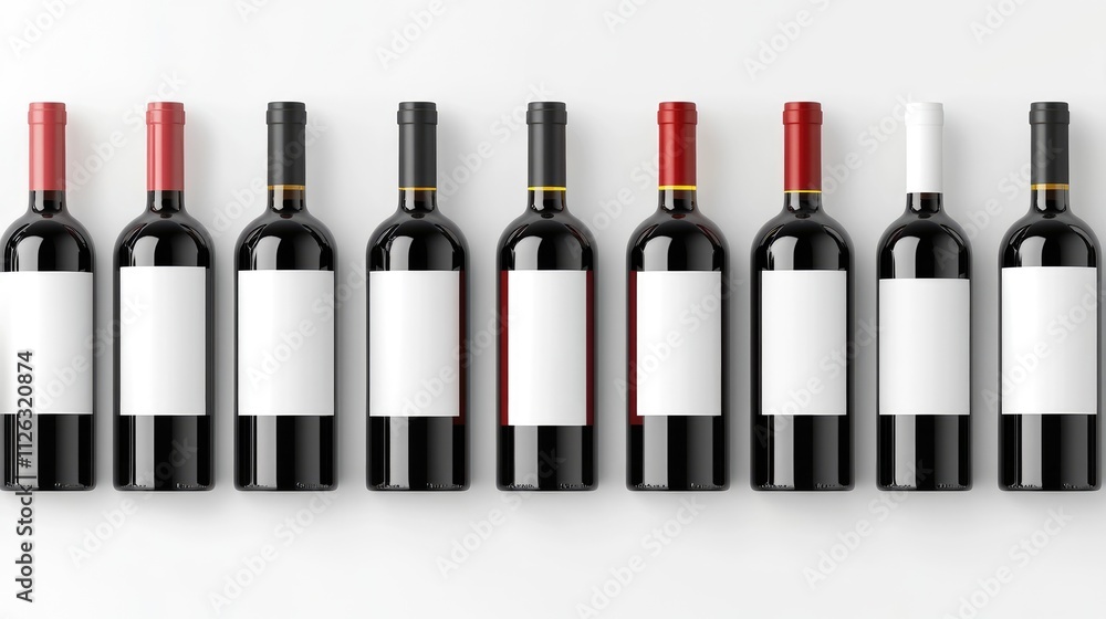 Poster Various red and white wine bottles with blank labels, positioned on a clean white background, perfect for designing custom labels and advertisements.