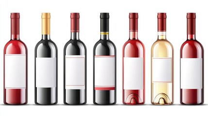 Various red and white wine bottles with blank labels, positioned on a clean white background, perfect for designing custom labels and advertisements.