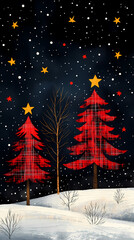 Obraz premium An image of plaid Christmas trees with a black and white polka dot background and bright reds and yellow stars at the top of the tree.