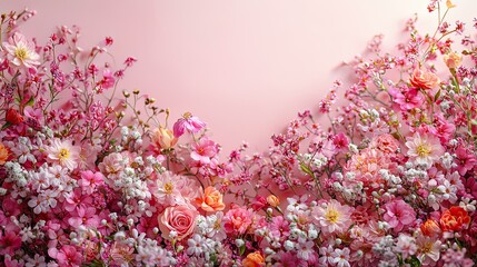 Fototapeta premium Vibrant display of assorted flowers in a soft pink backdrop showcasing nature's beauty during springtime