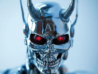  Close-up of a robot with glowing red eyes.