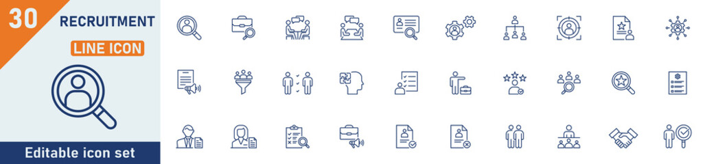 Recruitment line icon set. Set of 30 outline icons related to recruitment, job hiring, human resource, job search, headhunting, interview, job fair and others. Editable stroke. Vector illustration.