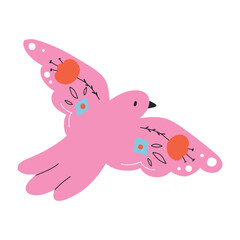 Sweet bird in folk style. Cute bird with flowers in folk style. Vector illustration. Flat style.