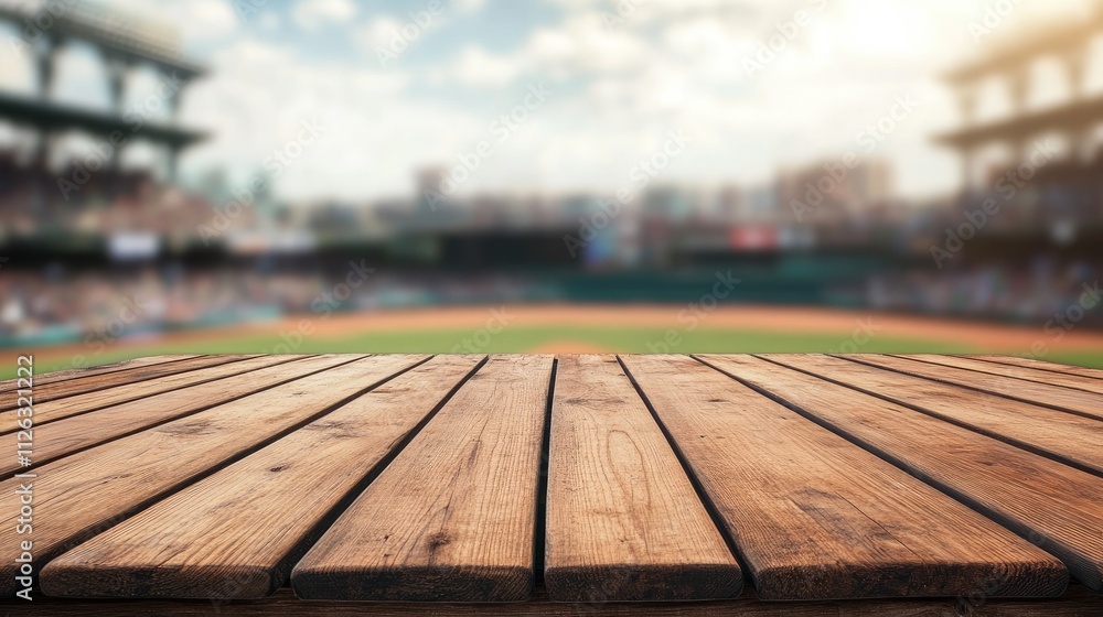 Poster wooden table in sharp focus, with the bustling baseball stadium blurred in the background, creating 
