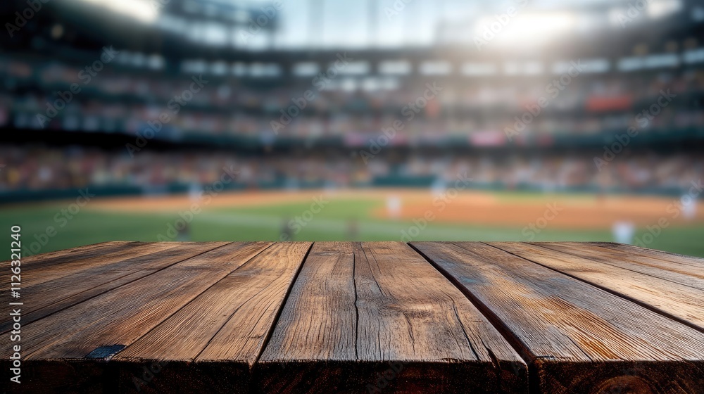 Poster wooden table in sharp focus, with the bustling baseball stadium blurred in the background, creating 