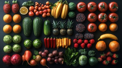 Vibrant still life of fresh fruit and vegetables healthy eating abundance wholesome delicious