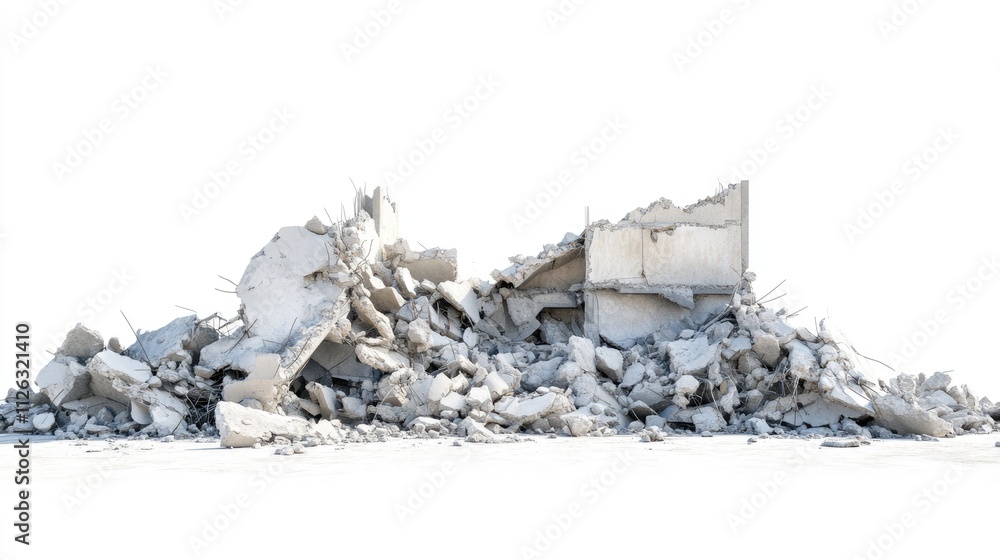 Poster wreckage of a collapsed building, with clear layers of destruction, isolated on a plain white backdr