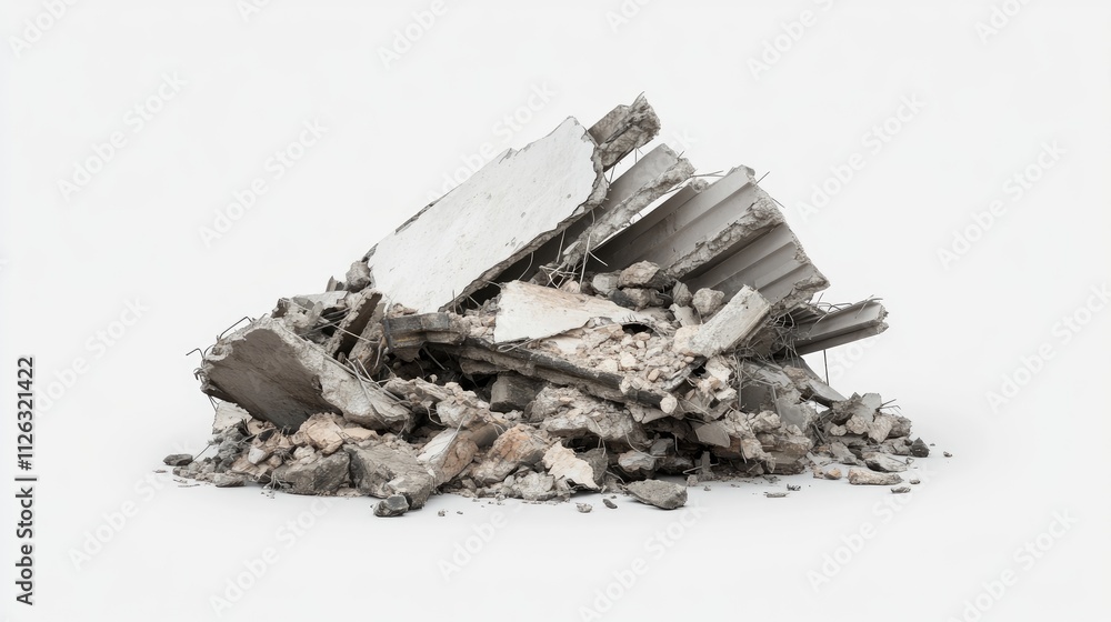 Poster wreckage of a collapsed building, with clear layers of destruction, isolated on a plain white backdr