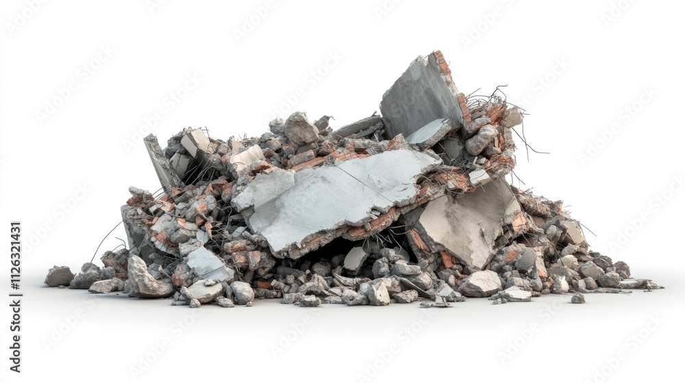 Poster wreckage of a collapsed building, with clear layers of destruction, isolated on a plain white backdr
