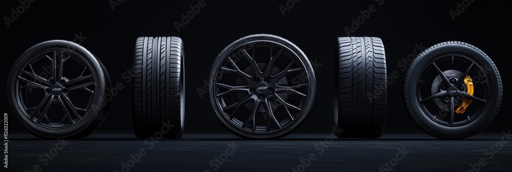 Fototapete various car tires, stylish rims, and performance brake pads are neatly arranged on a dark background