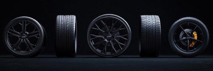 Various car tires, stylish rims, and performance brake pads are neatly arranged on a dark background, providing ample space for additional text. Generative AI