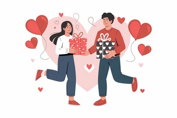 Young cute couple, young man and woman congratulate each other on Valentine's Day and give a gift, illustration