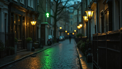 Irish street lanterns lit up at night in minimalist photography along quiet cobblestone street