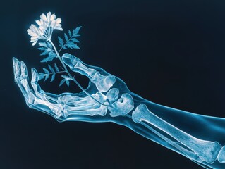 Naklejka premium X-ray Image of Human Hand Holding Flower Symbolizing Life and Nature