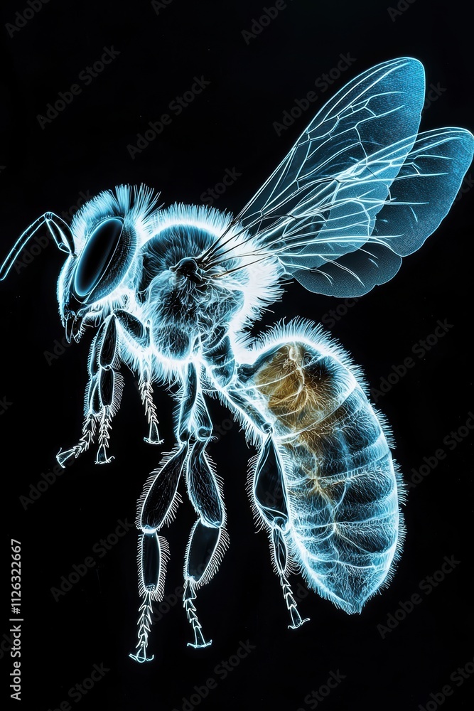 Poster x-ray style image of a transparent bee with intricate detail