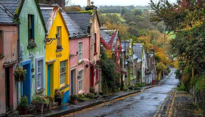 Charming irish village on a rainy day  cobblestone streets, vibrant doors, and green hills