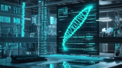 Futuristic laboratory illustrating bio-AI integration, with holographic DNA and neural networks blending seamlessly, glowing blue and green lights