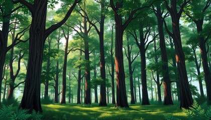 tree background in a serene illustration featuring towering trees, dappled sunlight, and a lush forest floor