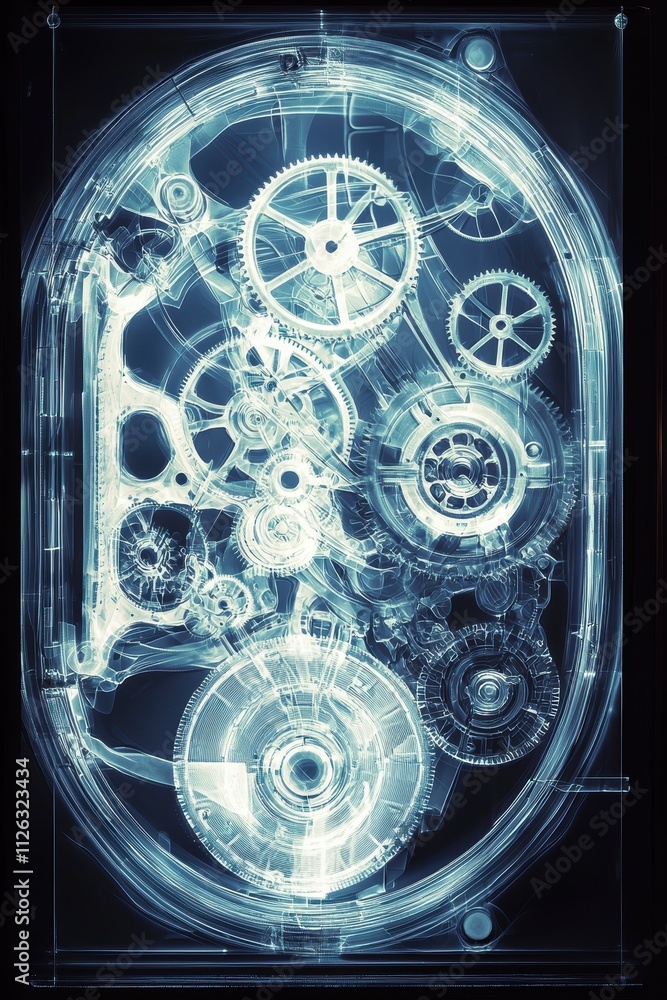 Poster x-ray image of intricate clock mechanism with gears and cogs