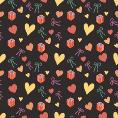 Image of heart, gift box and bow seamless pattern illustration Bright colors convey love. Use it to make gift paper, backgrounds, or cards.