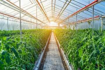 Vibrant tomato plants flourish under sunlight in a greenhouse, showcasing sustainable agricultural practices and modern horticultural techniques.