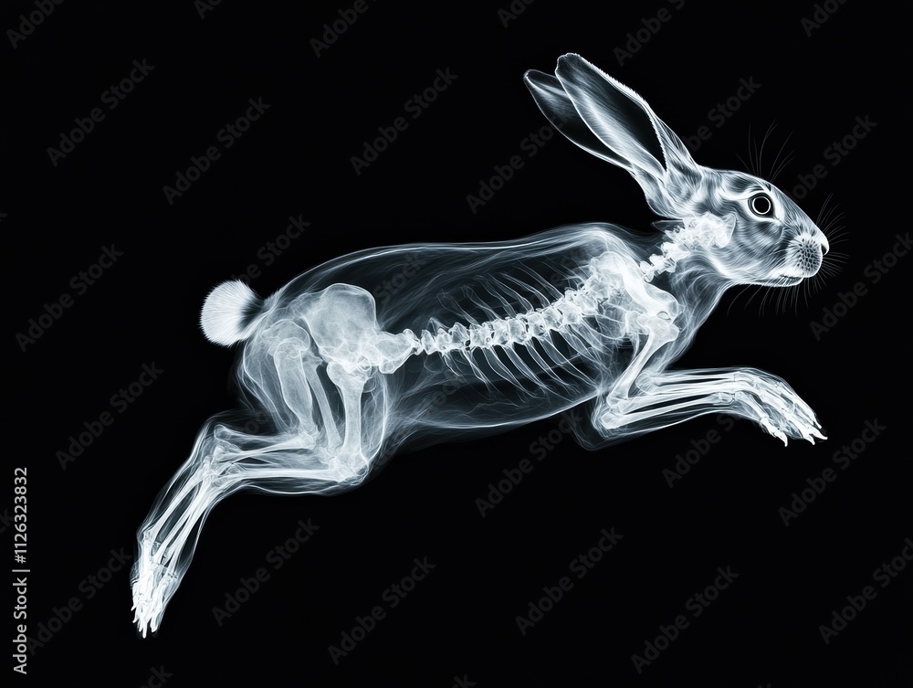 Poster x-ray image of rabbit in motion showcasing elegant skeleton structure