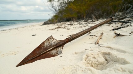 Ancient harpoon resting on sandy beach, partially buried with weathered wooden handle and rusted metal tip, evoking historical maritime heritage and archaeological significance.